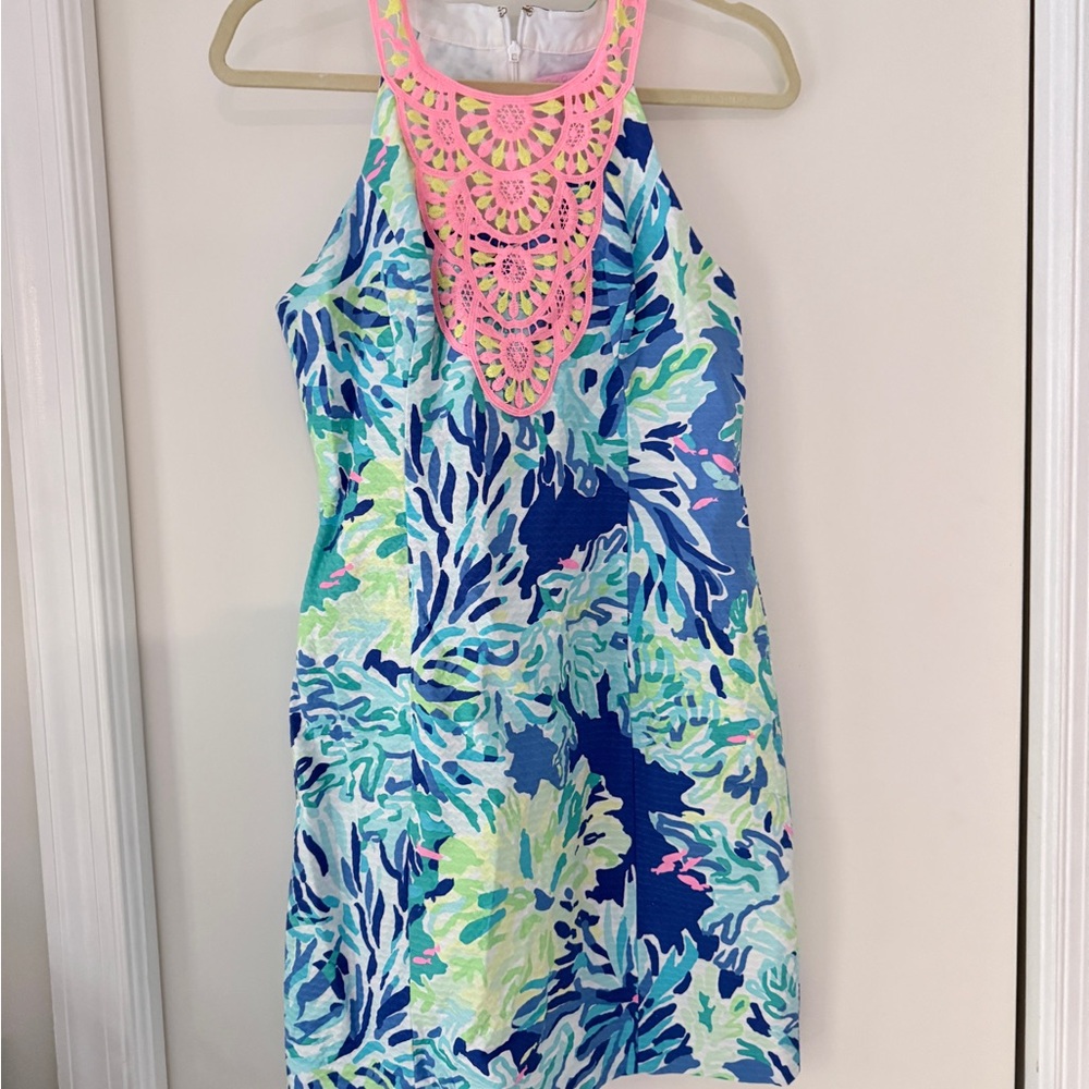 Lilly Pulitzer Pearl Shift Brilliant Blue Wade & Sea Pink Lace Dress